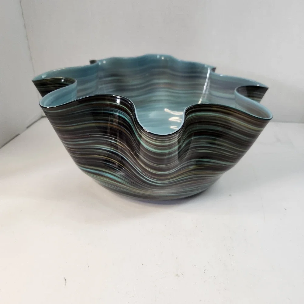 Vintage 3 Pc Murano-Style Art Glass Handkerchief Bowl Set Blue-Green Swirl Read